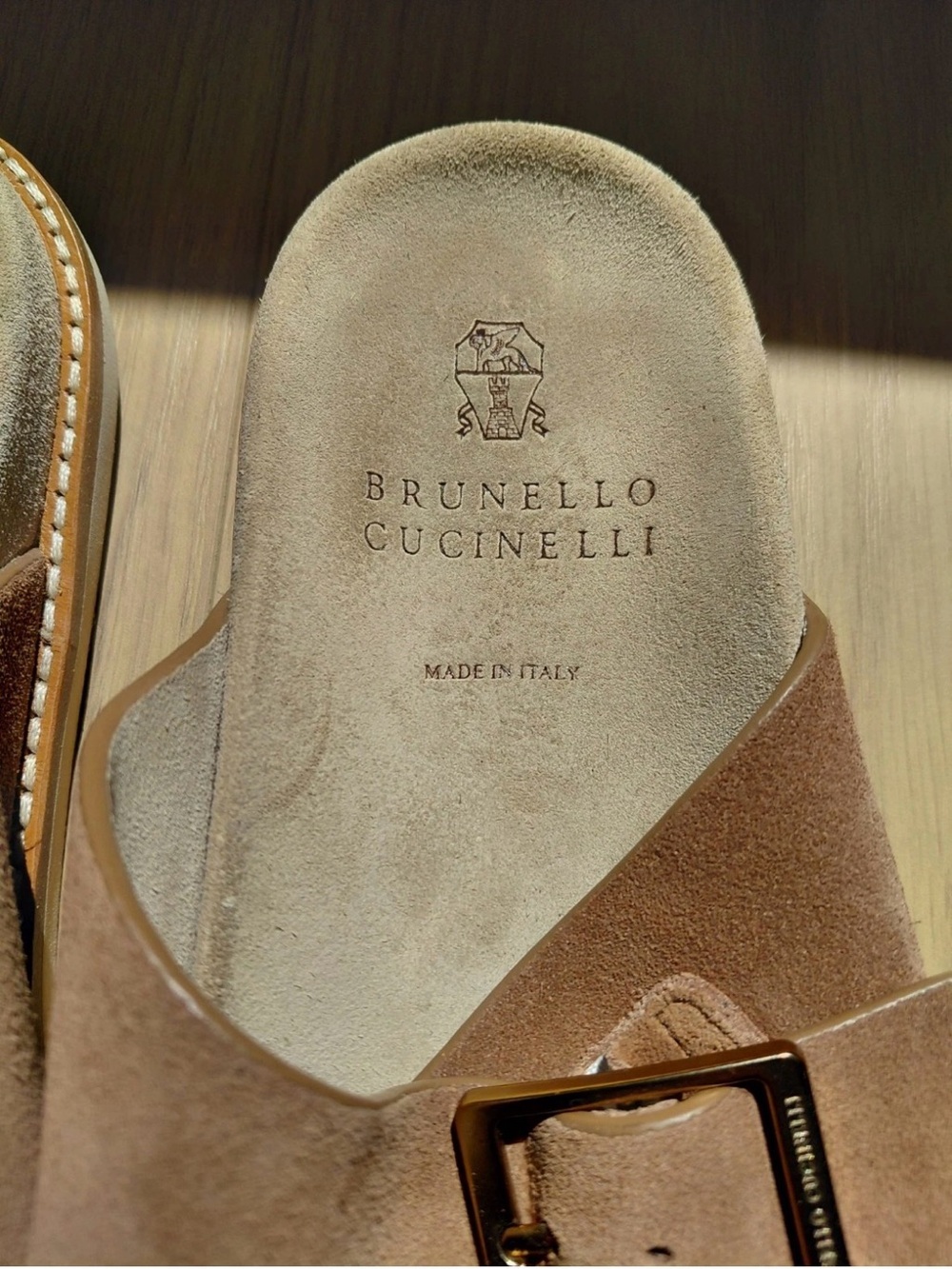 Brunello Cucinelli Taupe Suede Double-Buckle Slide Sandals - Picture 7 of 8
